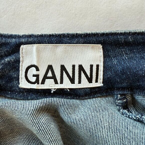 GANNI 90's Acid Wash Stretch Denim Puff Sleeve Mock Neck Cult Mini Dress Size 36 - Picture 8 of 16